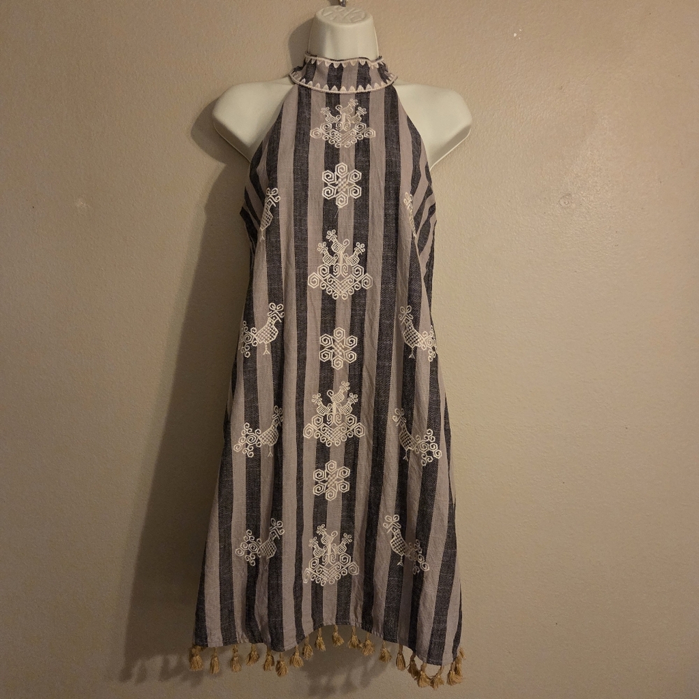 THML Thea Brown‎ Tan Rooster Embroiderd Tassel Boho Halter Shift Dress Women's S